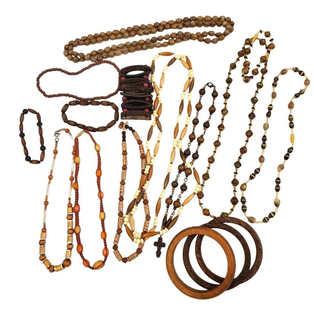 16 Piece‎ Boho Jewelry Lot Wood Natural Artisan Necklaces Choker Bracelets Brown